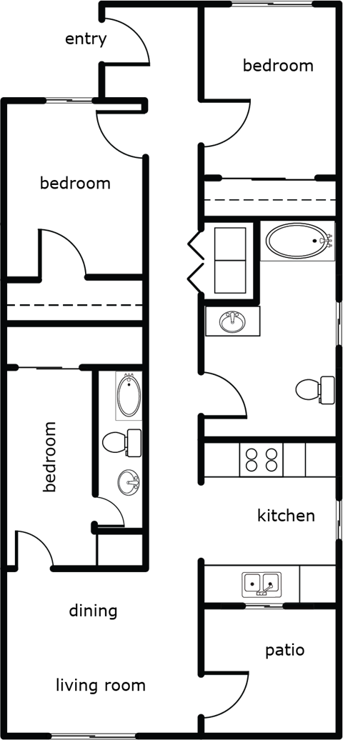 Floor plan for 3 beds, 2 baths, 1215 sqft